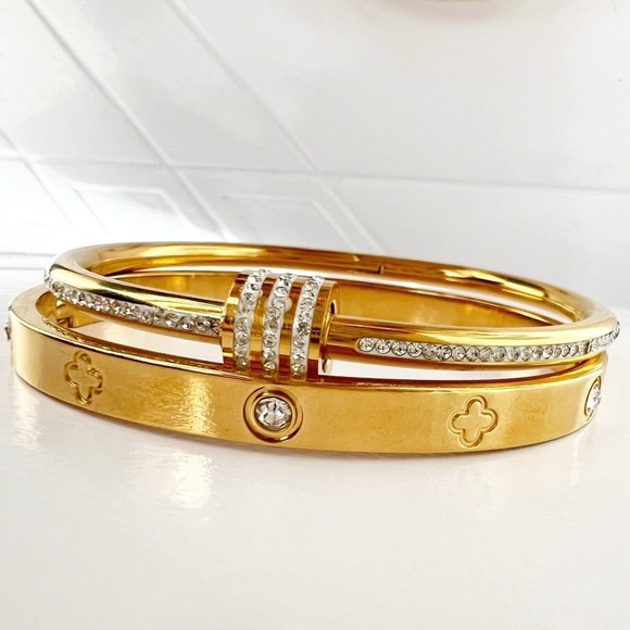 18K Gold Plated Rhinestones Bangle Stainless Steel Bracelet Womens Jewelry Gift - Picture 7 of 8